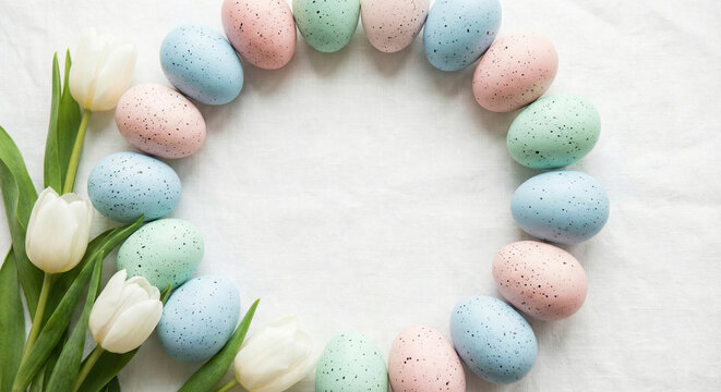 Pastel Easter Eggs and Tulips Flat Lay with Copy Space