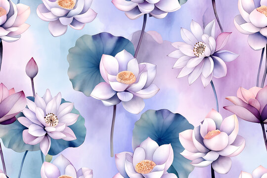 A seamless pattern with pichwai style lotus arranged in a tile-style repeat on a turquoise background. It can be used for printing on various surfaces like textiles and paper or digital work as well. 