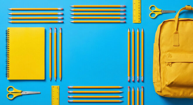 Knolling Flat Lay of Yellow School Supplies and Backpack on Blue Background