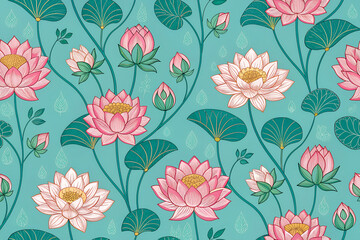 A seamless pattern with pichwai style lotus arranged in a tile-style repeat on a turquoise background. It can be used for printing on various surfaces like textiles and paper or digital work as well. 
