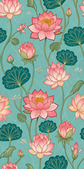 A seamless pattern with pichwai style lotus arranged in a tile-style repeat on a turquoise background. It can be used for printing on various surfaces like textiles and paper or digital work as well. 