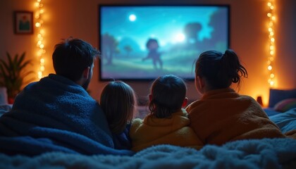Obraz premium Family cuddles under blankets watching movie on big screen at home. Cozy atmosphere with fairy lights, shared joy and connection. Children and parents enjoy time together, engrossed in story.