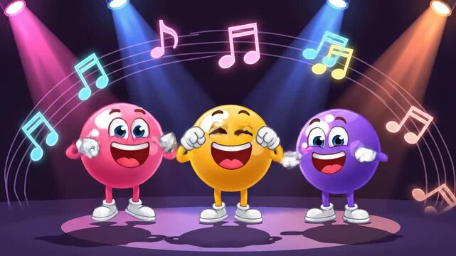 Energetic cartoon mascots dancing happily under colorful stage lights with floating musical notes, perfect for children's entertainment, music apps, or party promotions.