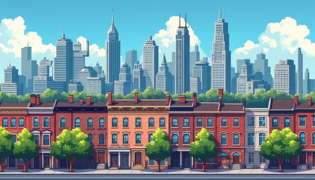 Pixelated cityscape features townhouses in foreground. Skyscrapers rise behind green trees. Blue sky with clouds above tall city buildings. Represents urban development and architecture.