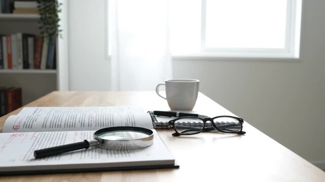 Proofreading Manuscript with Correction Marks and Magnifying Glass on Desk