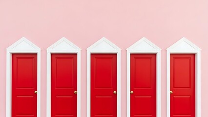 Five red doors against pink wall