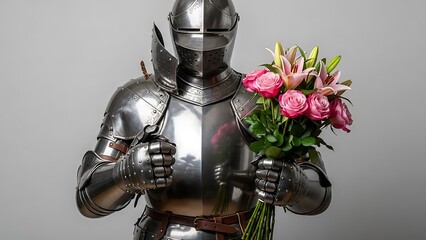 Knight holding bouquet of flowers