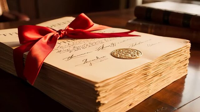 A stack of aged, handwritten documents is neatly tied with a red ribbon and sealed with a wax stamp.
