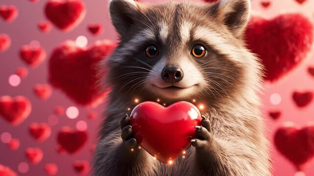 Adorable Valentine's Day mascot, a cute 3D raccoon character holding a glowing red heart against a pink background, ideal for romance, dating apps, or holiday promotions.