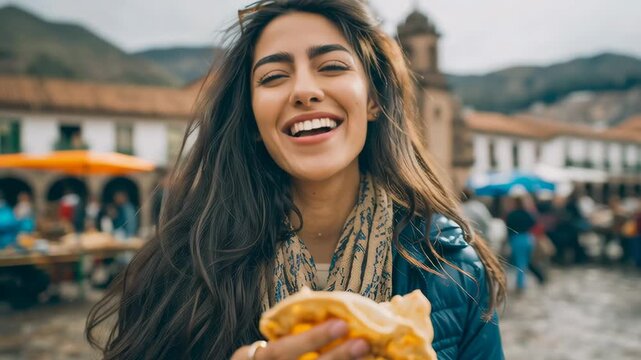 Smiling young woman eating traditional street food in a historic Peruvian town square with colonial architecture and local market atmosphere