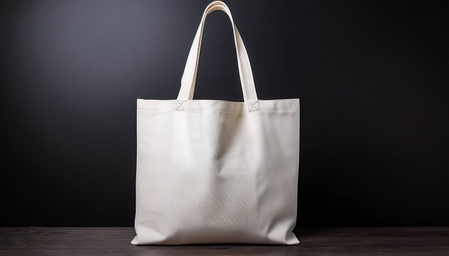 a plain white canvas tote bag with a handle stands upright centered against a solid black background