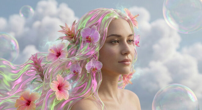 Surreal portrait of a woman where her hair is a cascade of liquid silk and blooming tropical flowers in neon pink and lime green colors