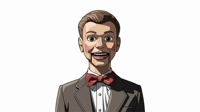 Classic ventriloquist dummy portrait showcasing painted wooden face, articulated mouth, red bow tie. Ventriloquist dummy wears brown suit, representing vintage entertainment, theatrical arts.