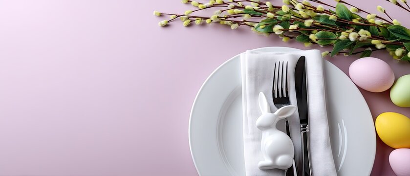 Easter table setting featuring willow branches, colored eggs, and a bunny on a plate against a blue background for a festive celebration