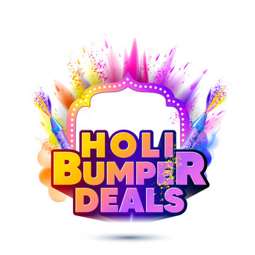 3d Logo unit of Holi bumper deals with color splash and Indian retro frame design. Sale promotional concept.