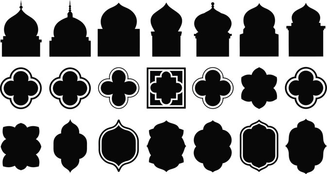 Oriental islamic door and old mosque window shape collection with traditional arabic architecture decorative elements vector illustration design