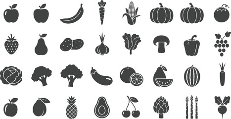 Variety of fresh fruits and vegetables icons in black