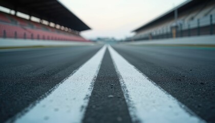 Empty racetrack starting grid with white lines on asphalt. Two grandstands with red seats face each other under soft sky. Waiting for race cars, speed, and competition.