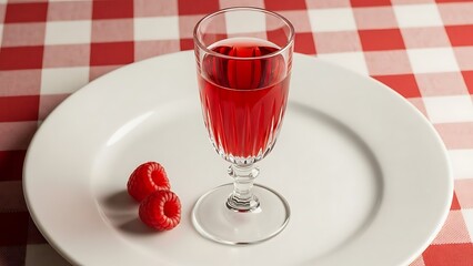 Raspberry juice in a glass on a plate