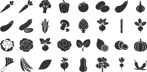 Variety of fresh vegetables and fruits in black silhouettes