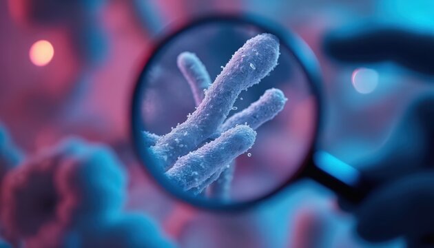 Scientist examines bacteria within microscope lens. Researcher analyzes gut microbiota exploring metabolic diseases solutions. Focus on cellular structures complex biological processes for health