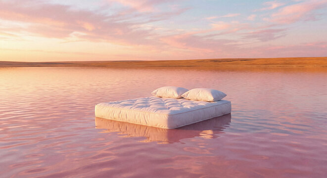 Surreal Floating Mattress with Pillows on Calm Pink Water Landscape at Sunset