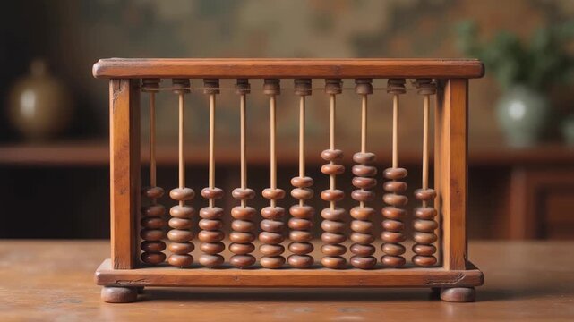 Chinese abacus counting beads on wooden frame, traditional calculation tool, vintage mathematics instrument