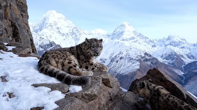 Two magnificent snow leopards resting together atop a snowy rocky ledge surveying a vast panorama of distant Himalayan snow-covered mountain peaks under a clear sky