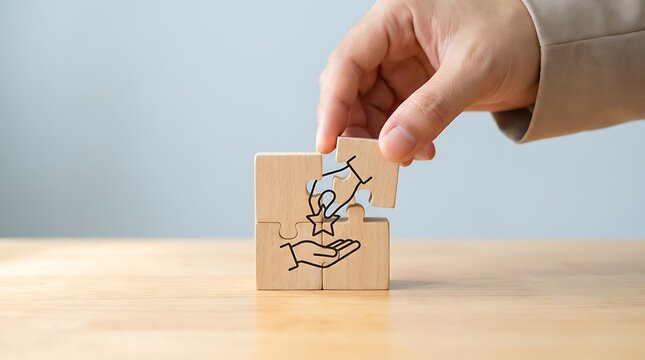 Hand places a puzzle piece depicting helping hands with a star, symbolizing support, partnership, and recognition.