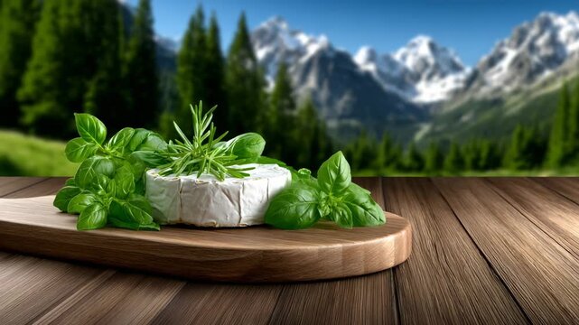 Fresh herbs and cheese placed on a wooden board with mountains in the background during the daytime