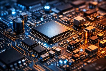 Fototapeta premium High Tech Circuit Board close up, macro. concept of information technology. Printed circuit board with components. close up, macro.