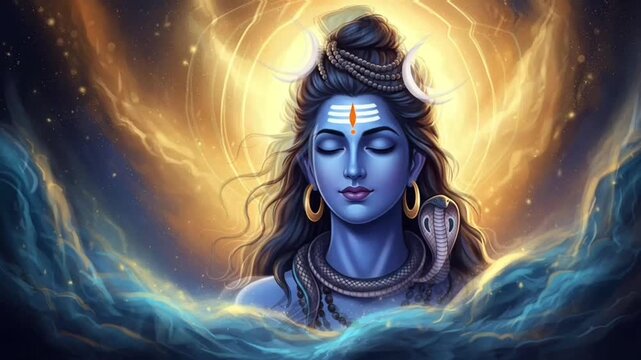 Digital art of Lord Shiva face with nebula background. Fiery Divine Form of Lord Shiva with Trishula and Damaru Amid Sacred Flames. 