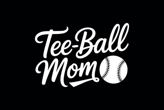 Stylish tee ball mom logo design with elegant script typography and baseball icon on a black background for sports parenting