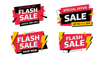 Four distinct flash sale and special offer banners with lightning bolt accents discount