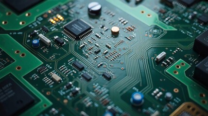 Fototapeta premium High Tech Circuit Board close up, macro. concept of information technology. Printed circuit board with components. close up, macro.