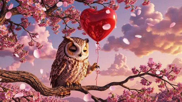 Charming cartoon owl sits on a sakura branch holding a shiny red heart balloon against a beautiful pink sunset sky. Great for romantic holiday promotions.
