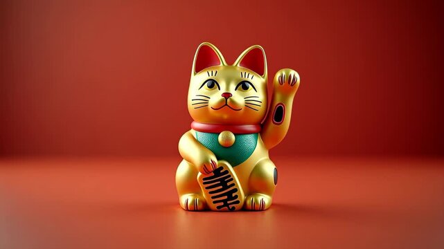 Traditional japanese lucky cat maneki neko waving paw, golden fortune symbol, prosperity charm, asian business tradition, welcoming gesture