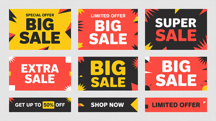 Nine diverse sale and offer banners with geometric shapes and bold typography Keywords: sale