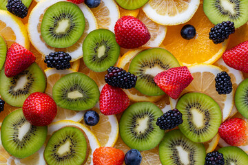 Fresh fruit arrangement with strawberries, kiwis, lemons, oranges, and blackberries on a flat surface