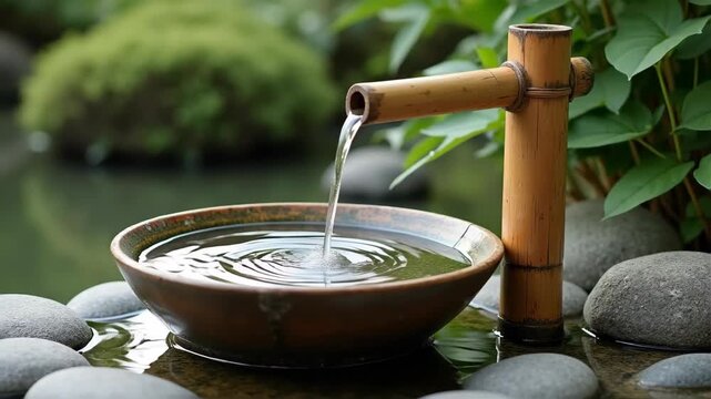 Bamboo water fountain tsukubai in zen garden, traditional stone basin, trickling water element, peaceful meditation space, japanese landscape design