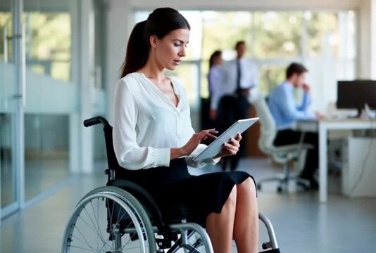 Businesswoman in wheelchair using tablet computer in modern office environment