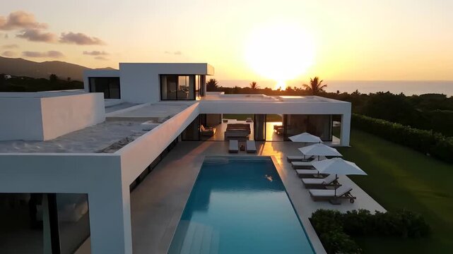 A stunning modern luxury villa with a large swimming pool at sunset or sunrise, reflecting warm light.