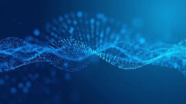 Abstract blue wave pattern with glowing particles on dark background.