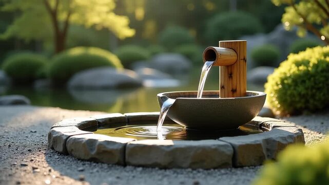 Bamboo water fountain tsukubai in zen garden, traditional stone basin, peaceful meditation space, japanese landscape design