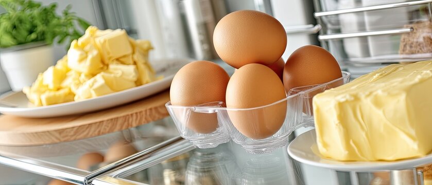 Close up of eggs in a plastic container and butter on a wooden plate inside refrigerator