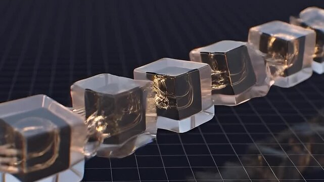 Abstract 3D Blockchain Network: Connecting Crystal Links in Digital Futuristic Grid with Golden Light Flow