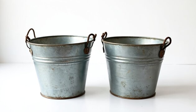 Two aged galvanized metal buckets sit side by side. Buckets have thick wire handles and ribbed bodies, perfect for vintage decor or garden use. They have a rustic and industrial aesthetic.