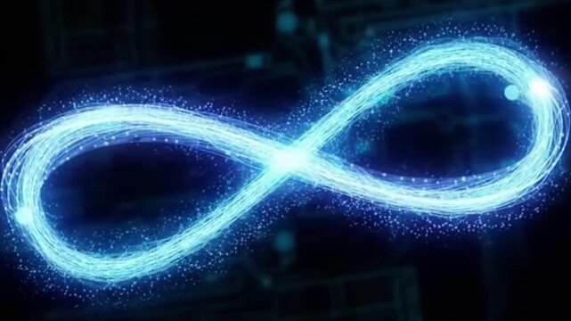 Glowing blue infinity symbol made of particles on dark background with circuit board, representing eternity and technology