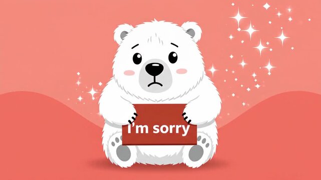 Adorable animated polar bear mascot looking remorseful and holding an "I'm sorry" message sign, ideal for expressing regret or emotional communication campaigns.