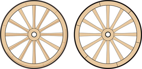 Antique wooden cart wheel isolated on white background